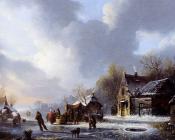 Skaters On A Frozen River Near A koek En Zopie - 雅各布斯·范·德·斯托克